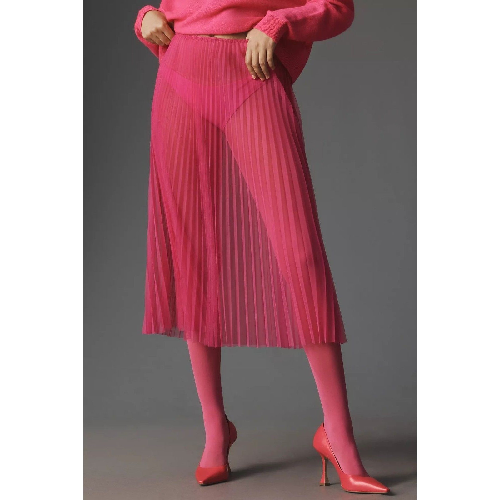 By Anthropologie Sunburst Pleated Sheer Midi Skirt Pull-On Pink Xxs-P 287914